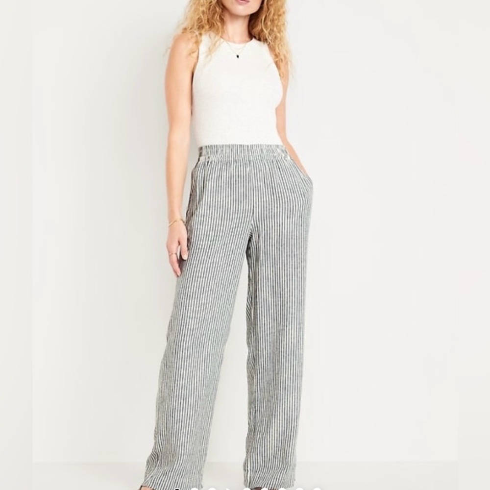 Old Navy High Waisted Linen Blend Wide Leg Pants Stripe